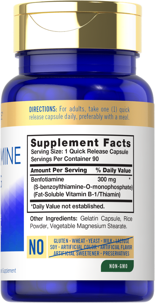 Hand holding a scale with Benfotiamine 300 mg Quick Release Capsule, showing size and dosage details.