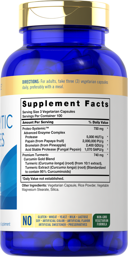 A blue bottle of CL Carlyle Proteolytic Enzymes with 300 capsules shown, placed on a hand scale for bulk measurement.
