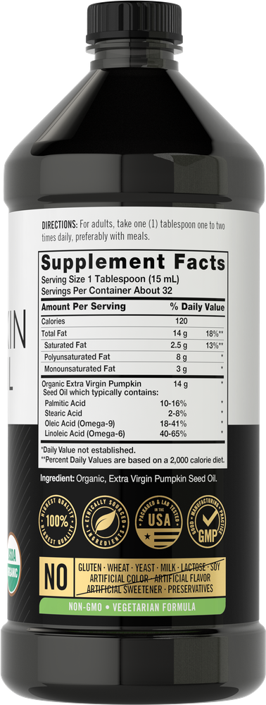 A 16 oz (473 mL) bottle of Pumpkin Seed Oil is shown, ideal for health-conscious consumers seeking nutritional benefits.