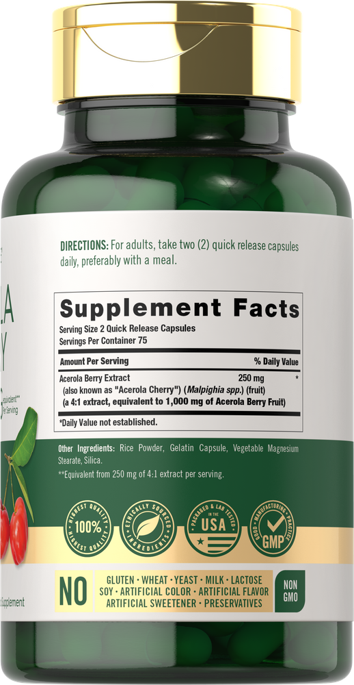Inside a bottle are 150 Acerola Cherry capsules, each containing 1000 mg, in a quick-release form.