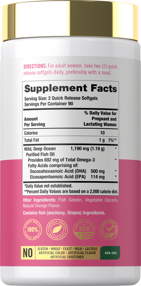 A bottle of Prenatal DHA supplement beside golden quick release softgels.