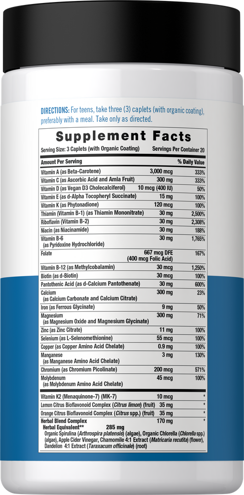 Supplement Facts panel for Country Life Teen Boy Multivitamin, 60 Tablets.