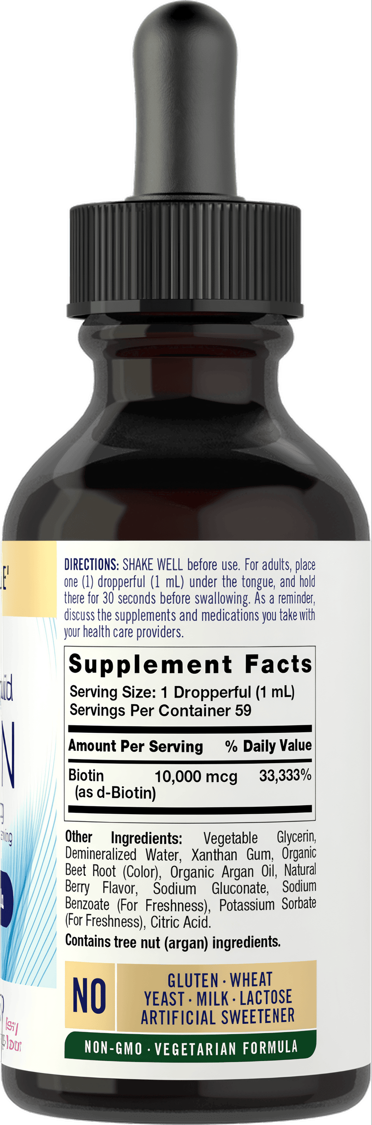 A 2 fl oz bottle of Biotin 10mg/mL liquid placed on a hand scale.