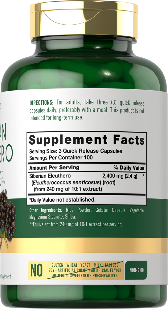 Hand holding Siberian Eleuthero 2400 mg Quick Release Capsules, showcasing their size and facilitating easy understanding of dosage.