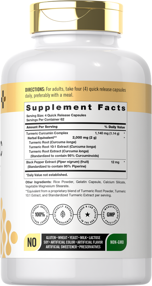 250-count bottle of Turmeric capsules, 2000mg each, labeled Quick Release, on a hand scale.