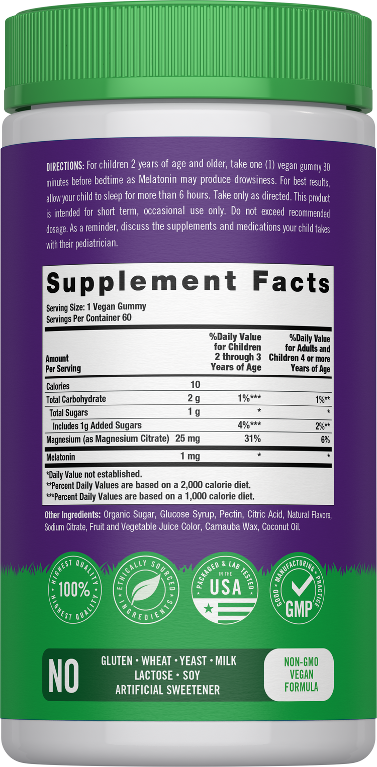 ChildLife Essentials Kids Magnesium & Melatonin, 60 gummies, displayed as a product image for dietary supplementation.