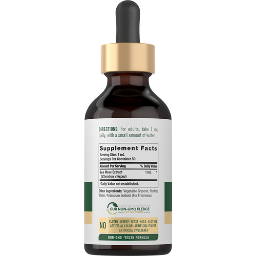 View 2 Bottle of Sea Moss Liquid, 2 fl oz, with dropper, used for wellness and dietary supplements, depicted in bulk scale hand presentation.