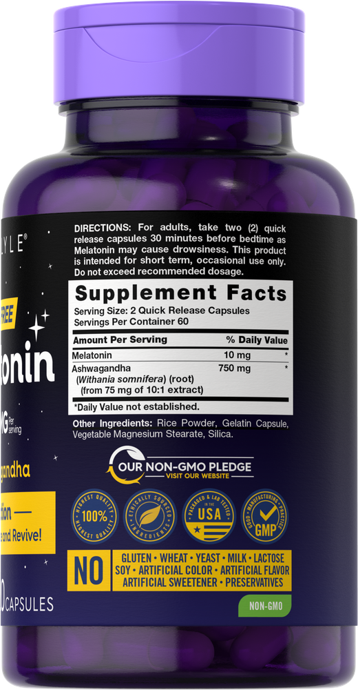 White capsules with 10 mg Melatonin and 750 mg Ashwagandha per 2-capsule serving, 120 count, shown on a scale.
