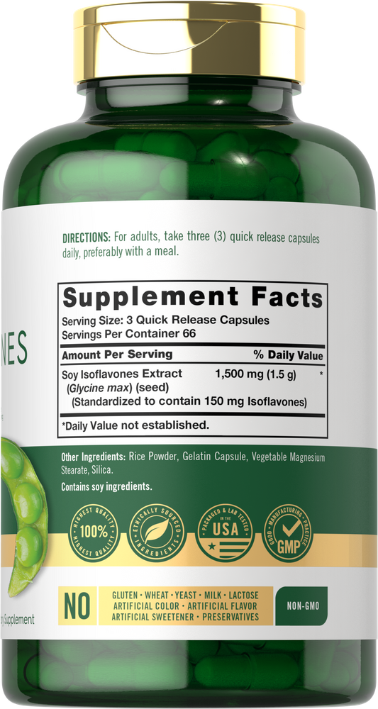 Hand holds green quick release capsules of Soy Isoflavones 1500 mg.