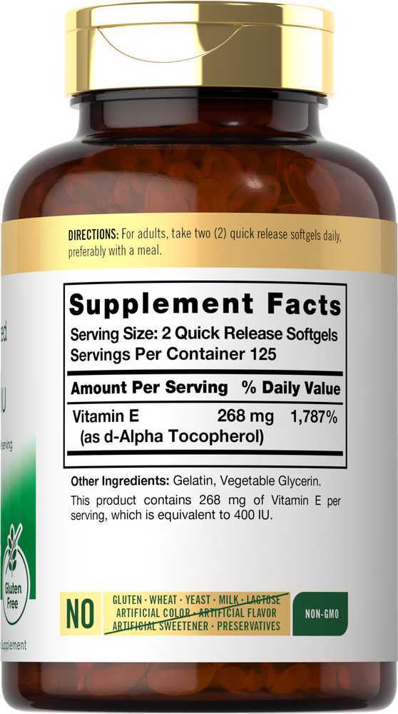 Carlyle Natural Vitamin E 400 IU bottle with 250 softgels shown against a hand to scale the size; ideal for bulk purchase.