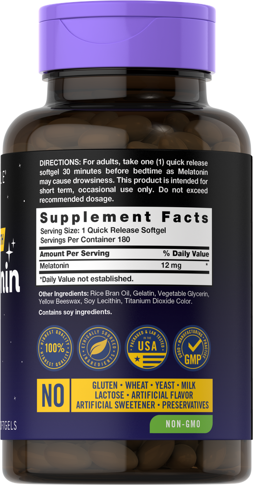 A hand holding a container of 180 Melatonin 12 mg quick release softgels.