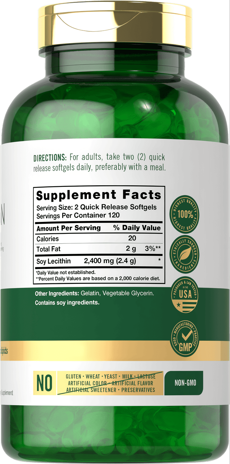 Carlyle Lecithin 2400 mg, 240 quick release softgels in a green bottle, displayed on hand scale for bulk measurement.