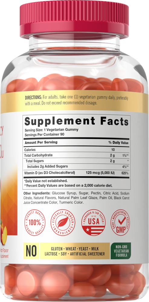 A clear bottle contains 90 Vitamin D 5000 IU vegetarian gummies.