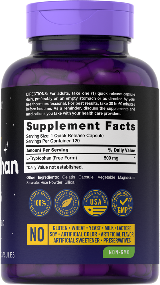 Hand holding a bottle of purple L-Tryptophan 500 mg quick release capsules, showcasing supplement packaging and dosage information.