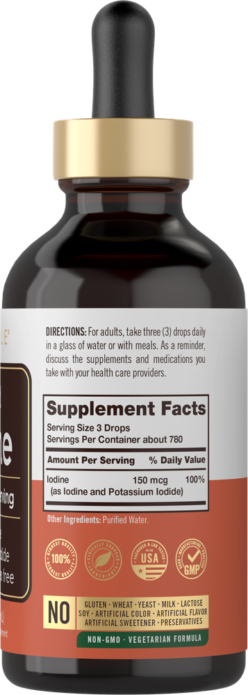 A 4 fl oz bottle of Carlyle Liquid Iodine used for measuring by hand on a bulk scale.