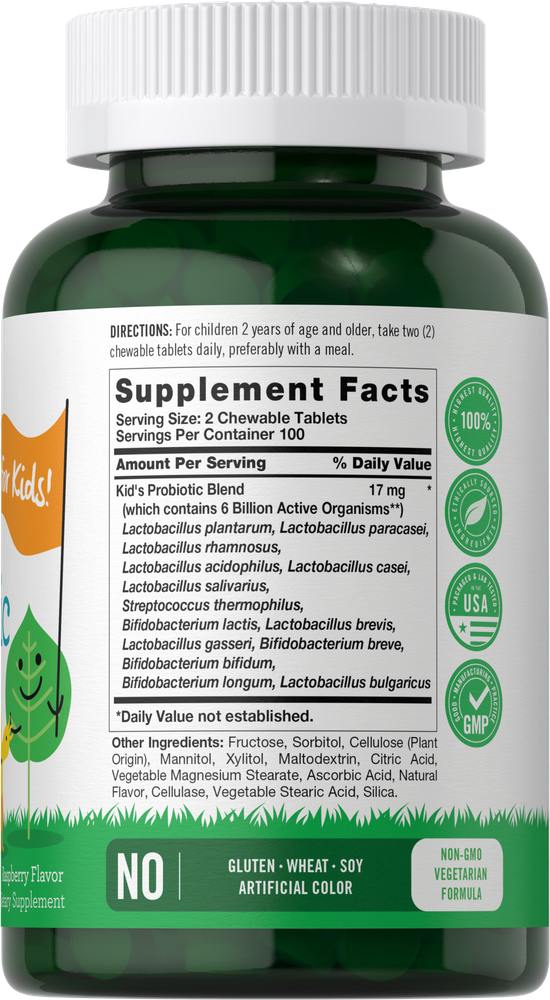 Carlyle Child Probi Chew 6 Bil 200 Chewable Tablets back label showing Supplement Facts, directions, and dietary claims.