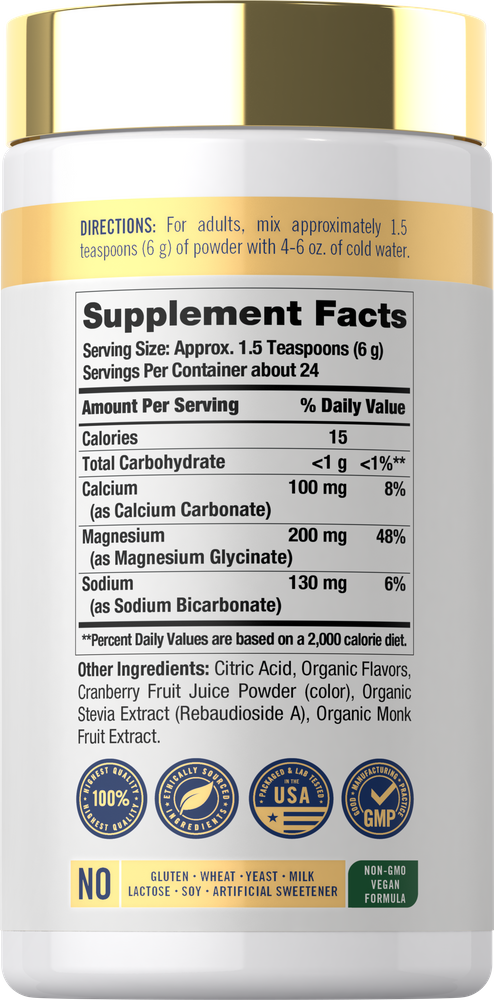 Supplement Facts panel for CL Calm Magnesium Glycinate 5oz powder, detailing nutritional information and ingredients.