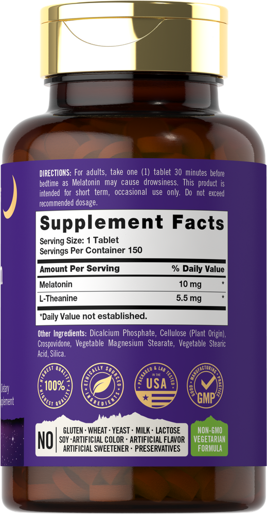 Bottle of 150 Melatonin 10mg tablets with 5.5mg L-Theanine.