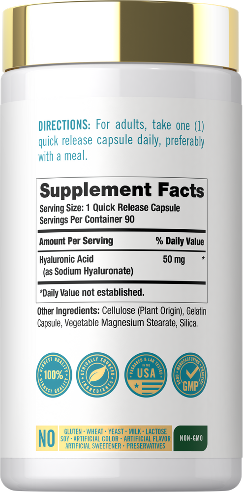 A hand holds a Hyaluronic Acid 50 mg quick release gelatin capsule.