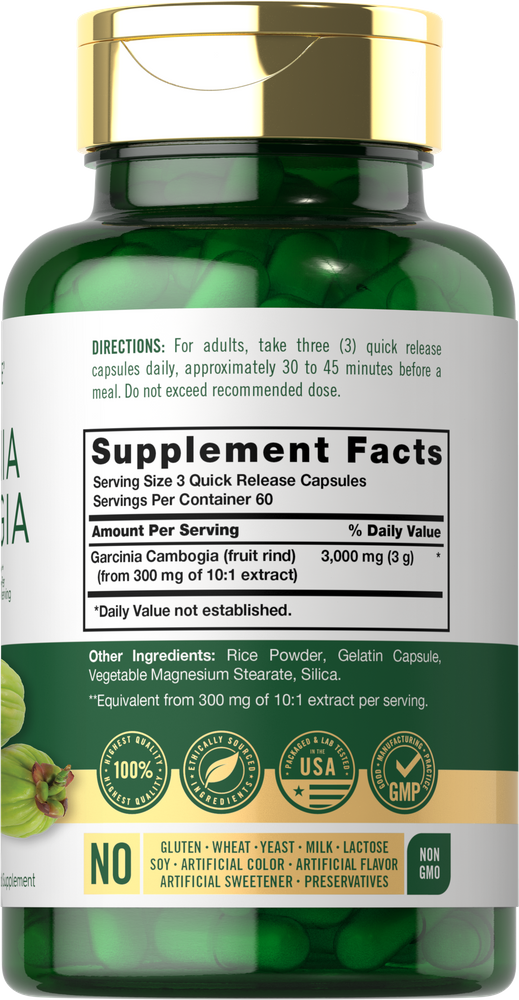 The image shows Garcinia Cambogia Quick Release Capsules with a total of 3000 mg per 3 capsules.