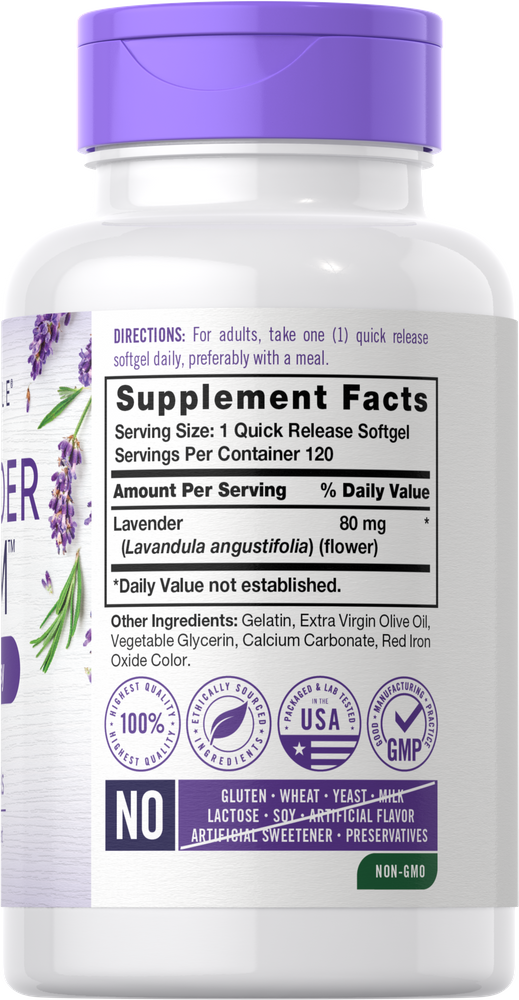 Carlyle Lavender 80 mg Quick Release Softgel displayed on a hand, showing the scale and size of the product for reference.