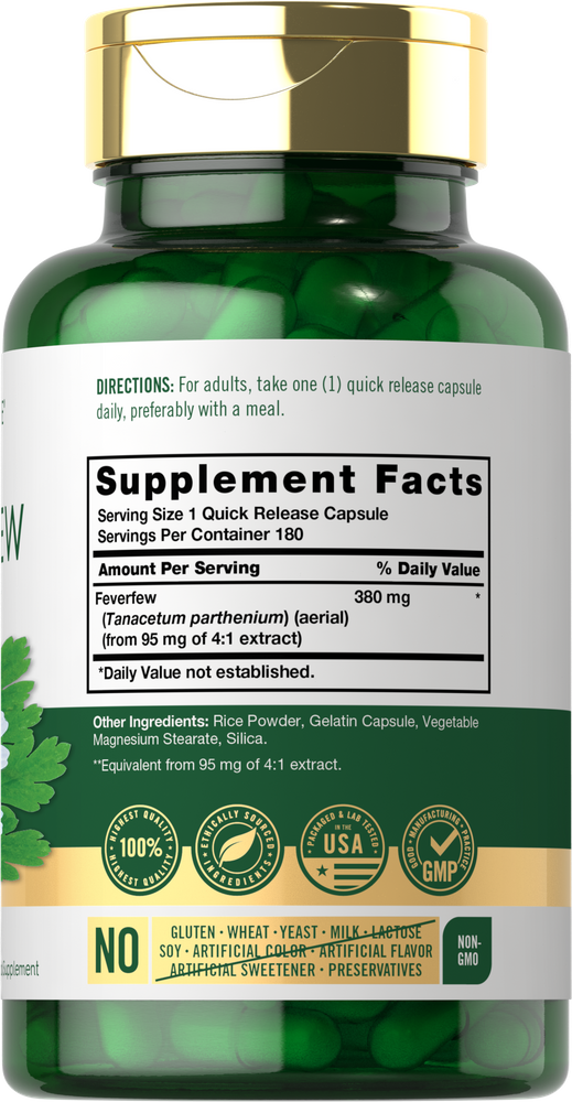 Hand holding Carlyle Feverfew 380 mg bottle, 180 capsules.