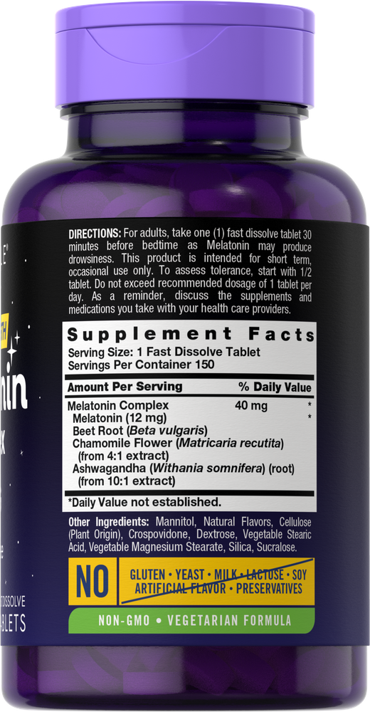 Supplement Facts panel for Carlyle Melatonin 40mg, 150 tablets.