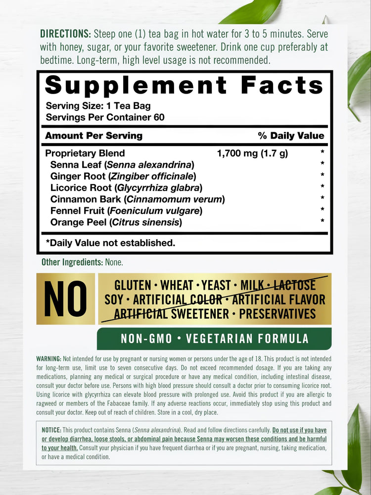 A Herbal Laxative Tea bag labeled as containing a 1,700 mg (1.7 g) proprietary blend, displayed on a hand scale.