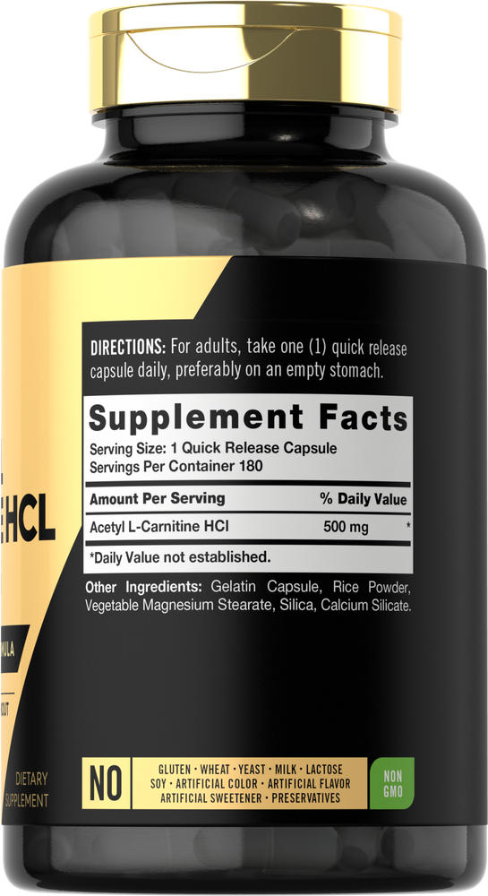 Black bottle containing Acetyl L-Carnitine HCl 500 mg capsules.