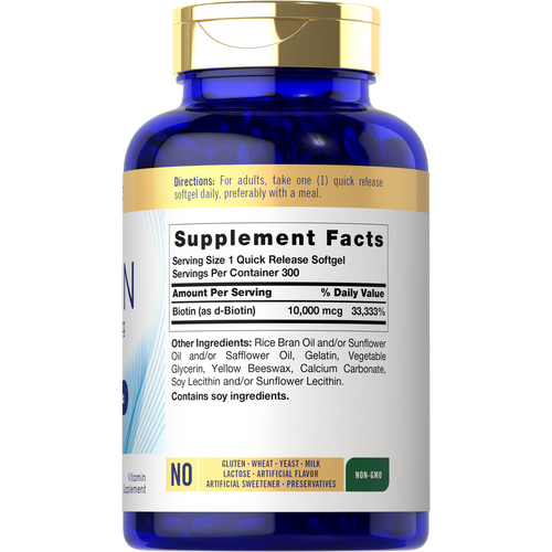 View 2 Bulk scale of Carlyle Biotin 10,000 mcg Quick Release Softgels, 300 count, displayed on a hand scale.