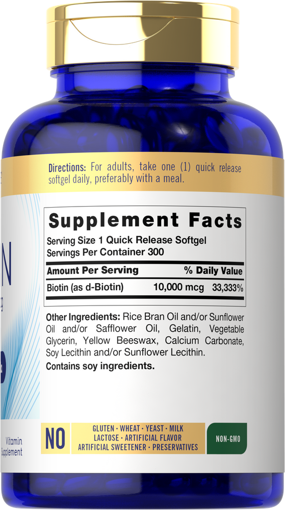 Bulk scale of Carlyle Biotin 10,000 mcg Quick Release Softgels, 300 count, displayed on a hand scale.