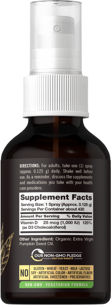 Carlyle Vitamin D3 Spray with 1,000 IU per spray, approximately 0.125 g each, shown on a hand scale.