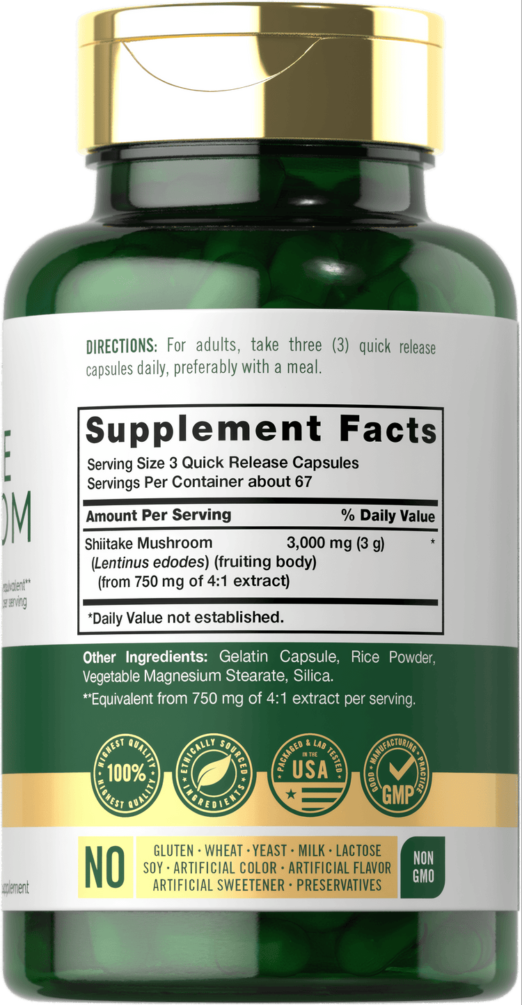 Hand holding Shiitake Mushroom 3000 mg, 200 quick release capsules bottle, emphasizing bulk size.