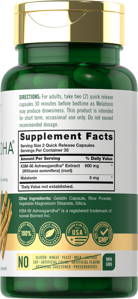 Green bottle with 70 KSM Ashwagandha 600mg and Melatonin Quick Release Capsules.