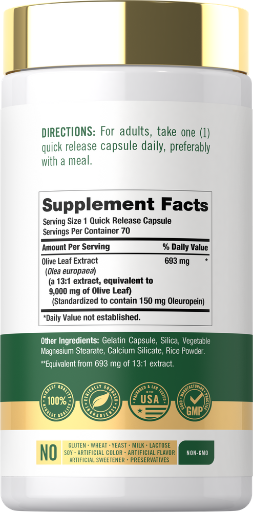 Capsule weighing 693 mg with Olive Leaf Extract, equivalent to 9000 mg, on a hand scale.
