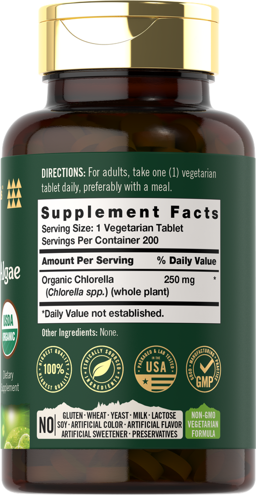 Scale displaying 200 tablets of Organic Chlorella, each containing 250 mg of whole plant Chlorella.
