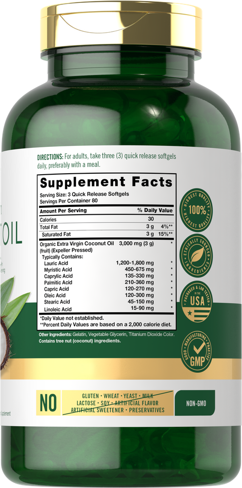 Coconut Oil bottle: Gluten & Wheat Free, Yeast Free, Milk & Lactose Free, Soy Free, No Artificial Flavors/Sweeteners/Preservatives, Non-GMO