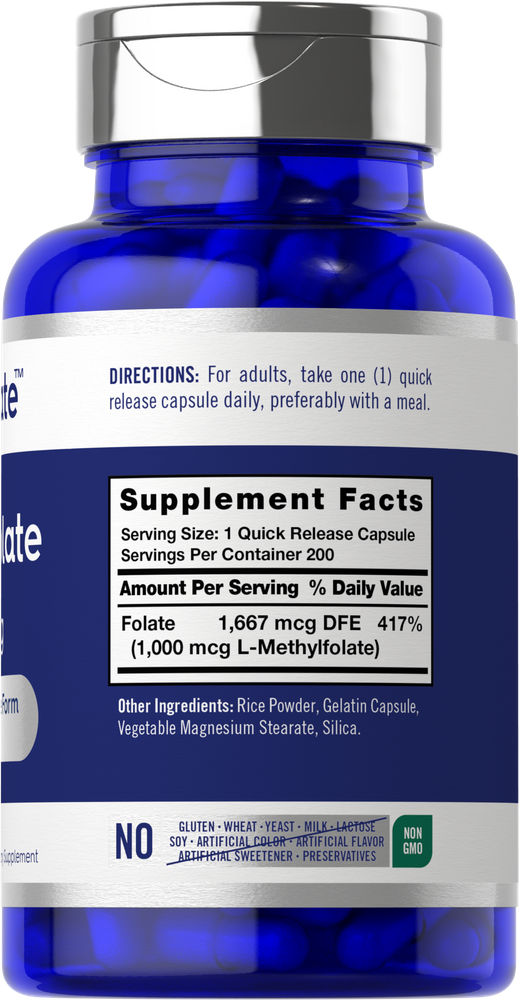 Hand holding L-Methylfolate 1,000 mcg Quick Release Capsules for size reference.