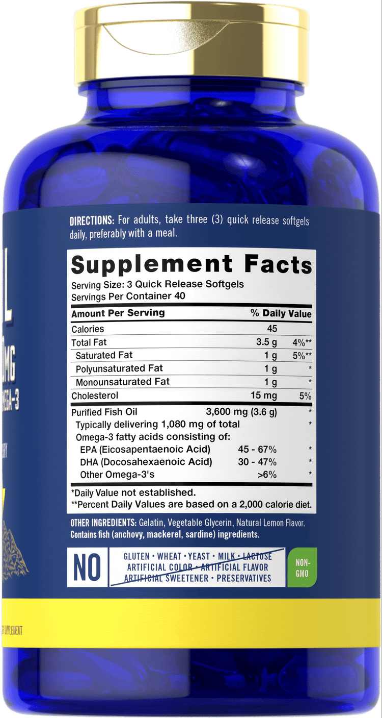Supplement facts panel of Carlyle Omega-3 Fish Oil Lemon Flavor, 3600 mg, 120 softgels.