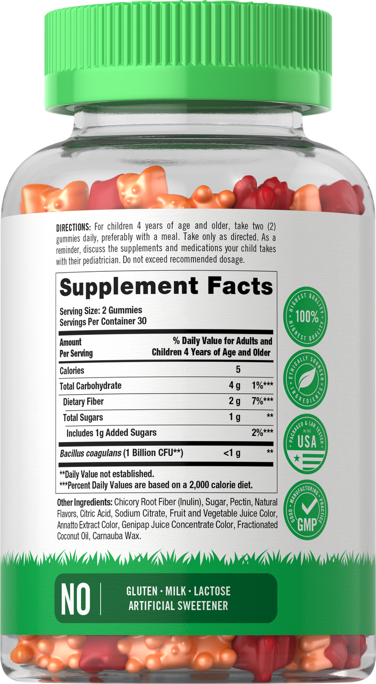 Carlyle Kids Probiotic 1B Gum 60 Count bottle displaying supplement facts, directions, ingredients, and dietary attributes.
