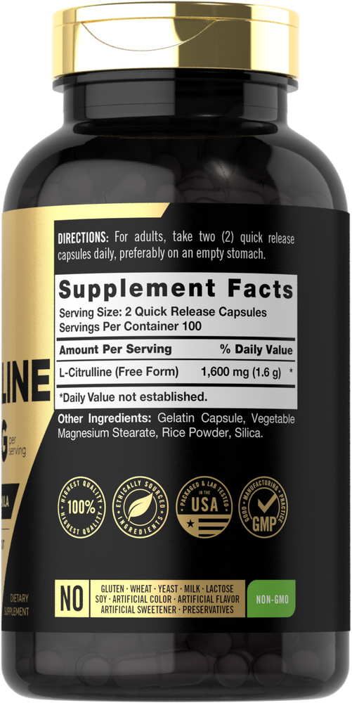 Carlyle L-Citrulline 1600mg with 200 quick release capsules on a hand scale in bulk format.