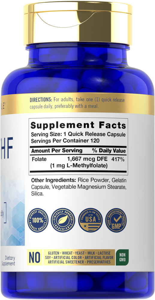 Hand holding 120 quick release capsules of 5-MTHF, each with 1 mg L-Methylfolate.