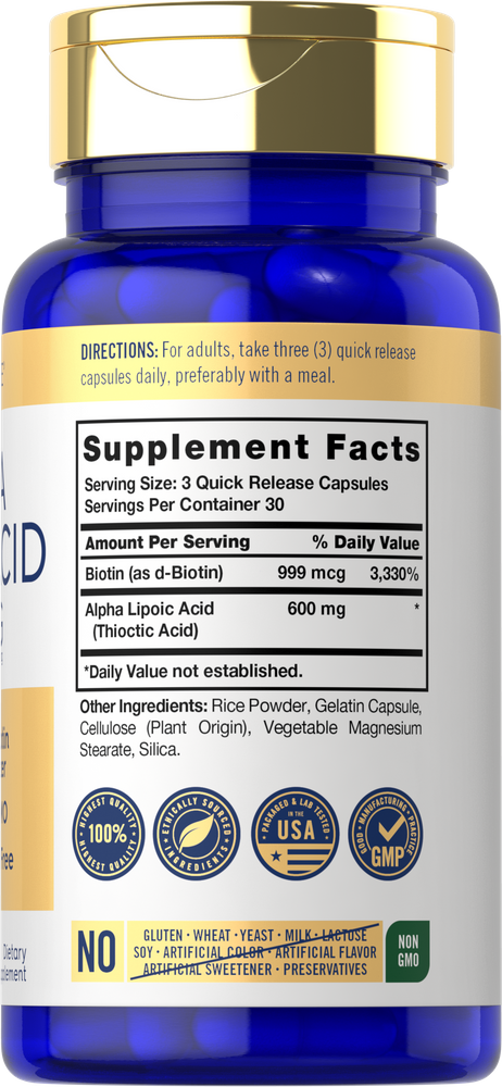 Quick release capsules with Alpha Lipoic Acid 600 mg and Biotin 999 mcg per serving of three capsules.