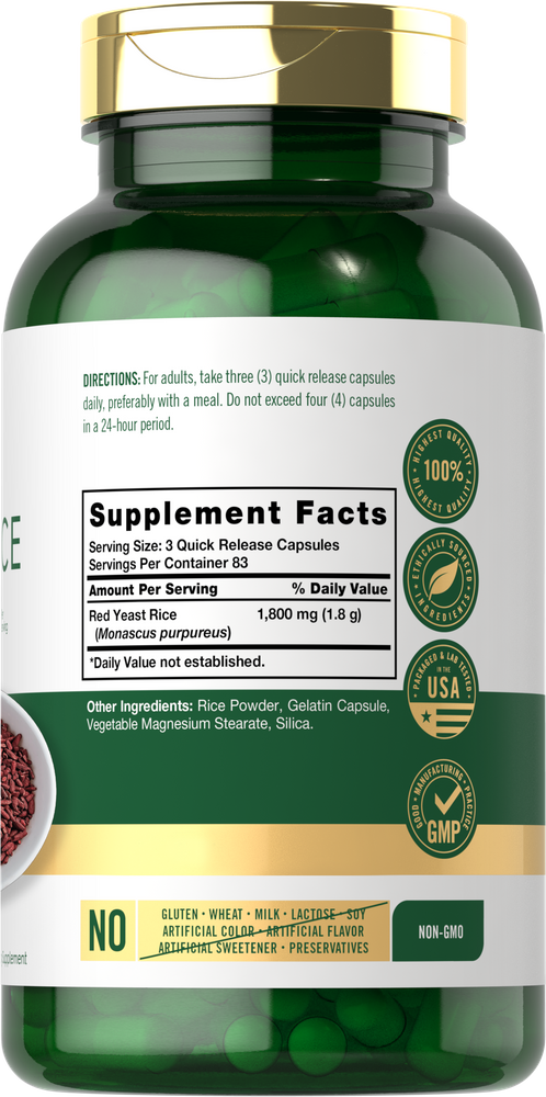 Red Yeast Rice 1800 mg capsules in a quick release form, placed next to a bowl of red yeast rice.