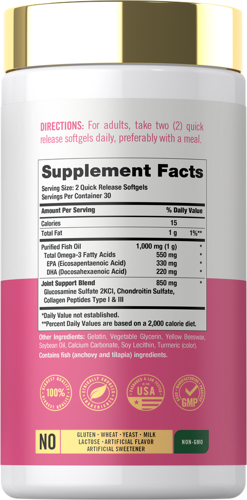 Two Quick Release Softgels contain 1000 mg of Purified Fish Oil and 850 mg of a Joint Support Blend.