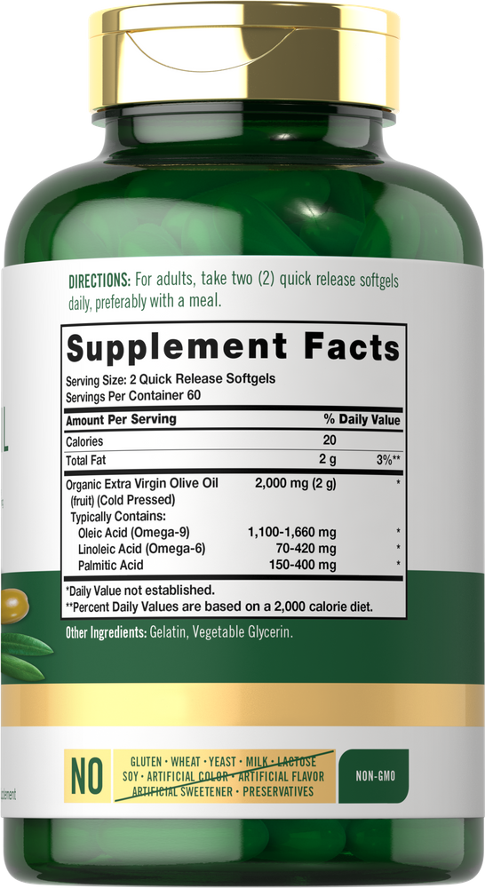 Bottle of Olive Oil Quick Release Softgels, 2000 mg per serving, 120 count, on a scale.