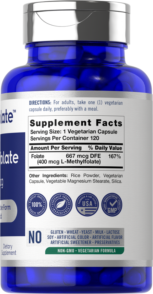 Opti-Folate bottle: Gluten & Wheat Free, Yeast Free, Milk & Lactose Free, Soy Free, No Artificial Color/Flavor/Sweetener/Preservatives, Non-GMO, Vegetarian Formula.
