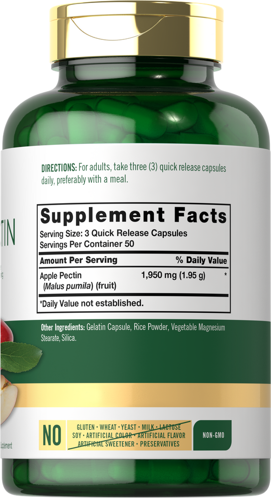 Hand holding green quick release capsules with 1950 mg Apple Pectin per 3 capsules.