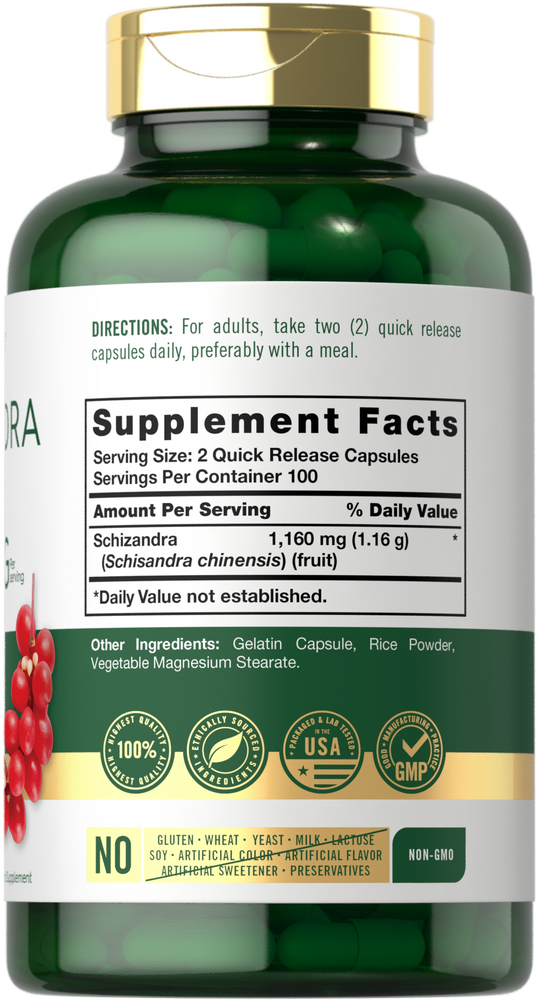 Green Schizandra capsules are housed in a green bottle, providing 1160 mg per serving.