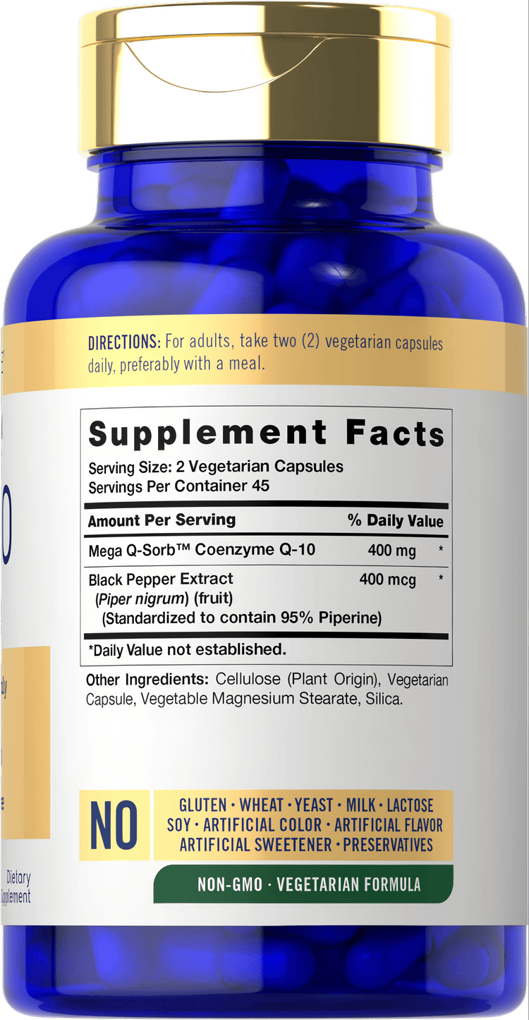 The image shows CoQ10 400 mg contained in two vegetarian capsules, designed for health and wellness support.